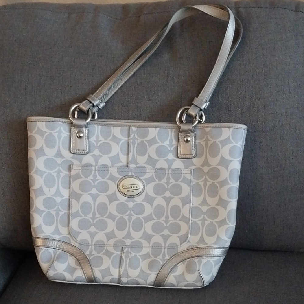 Coach Silver Gray Signature Tote Shoulder Bag